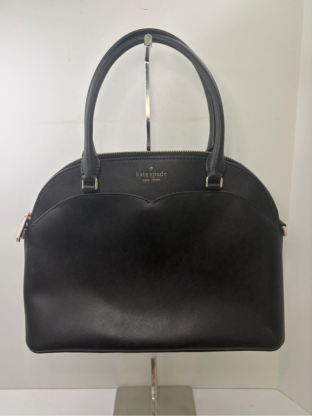 Kate Spade Payton Medium Dome Satchel Black Leather Zipper Top Handbag Purse